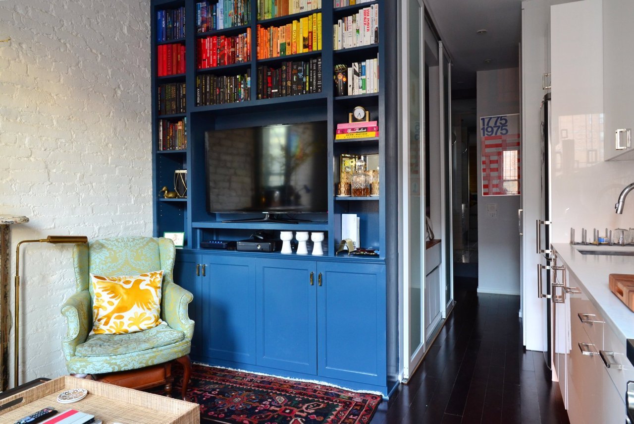 blue custom built in bookcase