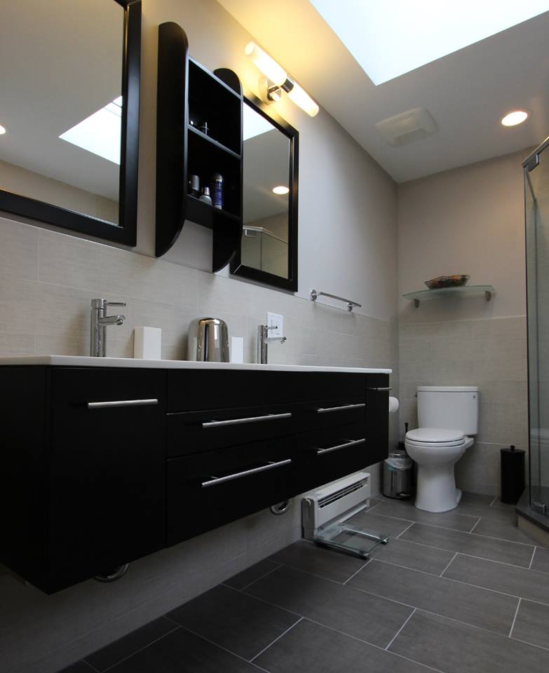 Trendy Industrial Modern Bathroom with Beautiful Dark Wood Detail