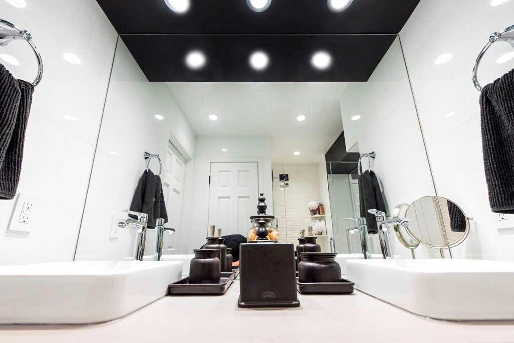 white bathroom with black elements