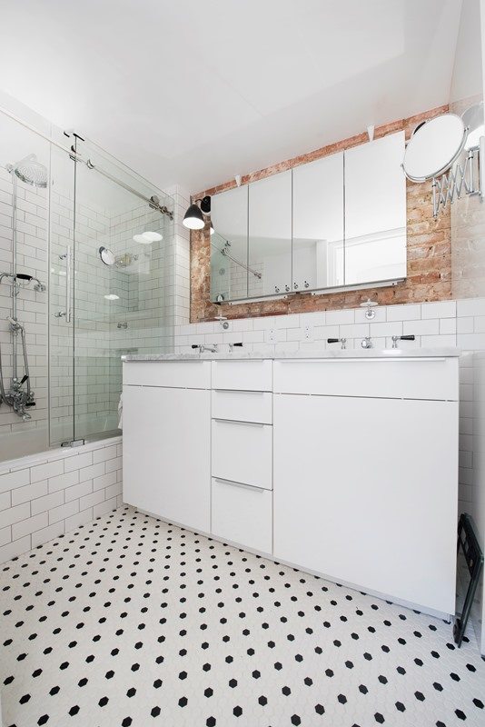 modern bathroom with hexagon and octagon flooring