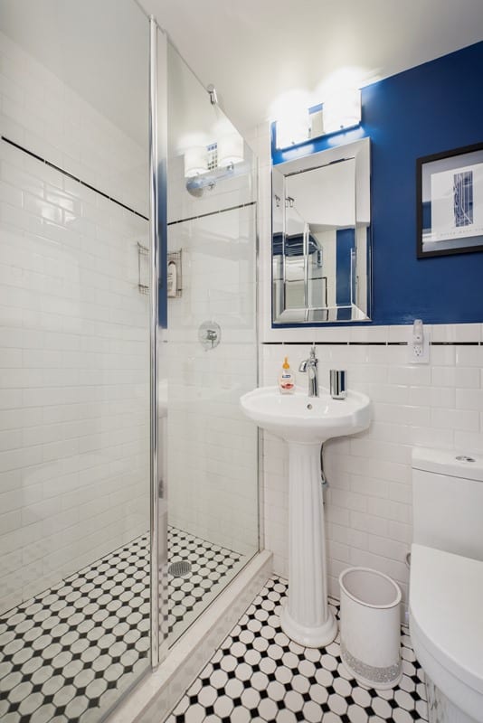 white and blue bathroom