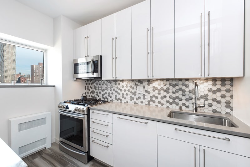 elegant kitchen with contrasting shades of grey