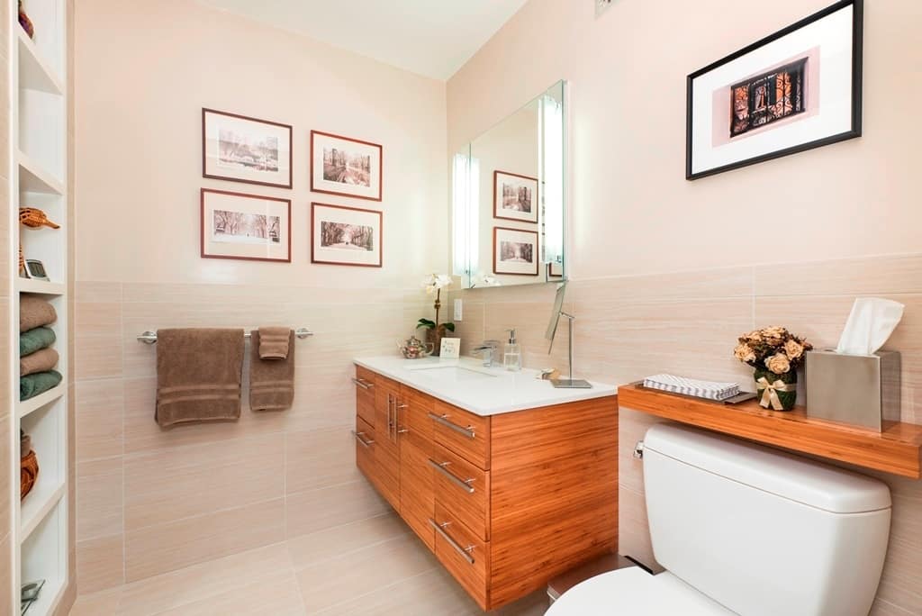 elegant bathroom with storage