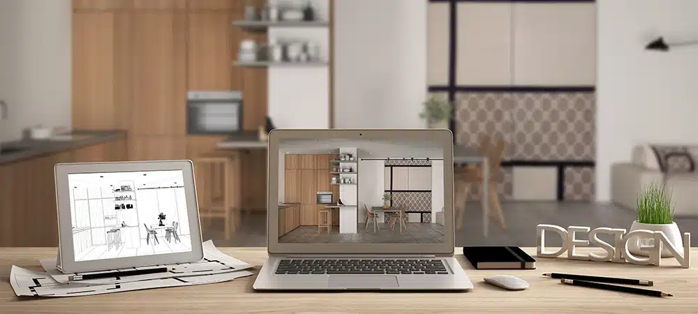 Architect designer desktop concept, laptop and tablet on wooden desk with screen showing interior design project and CAD sketch, kitchen, living and dining room in the background, 3d illustration