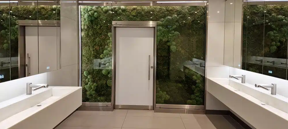 plants and natural light in commercial bathroom
