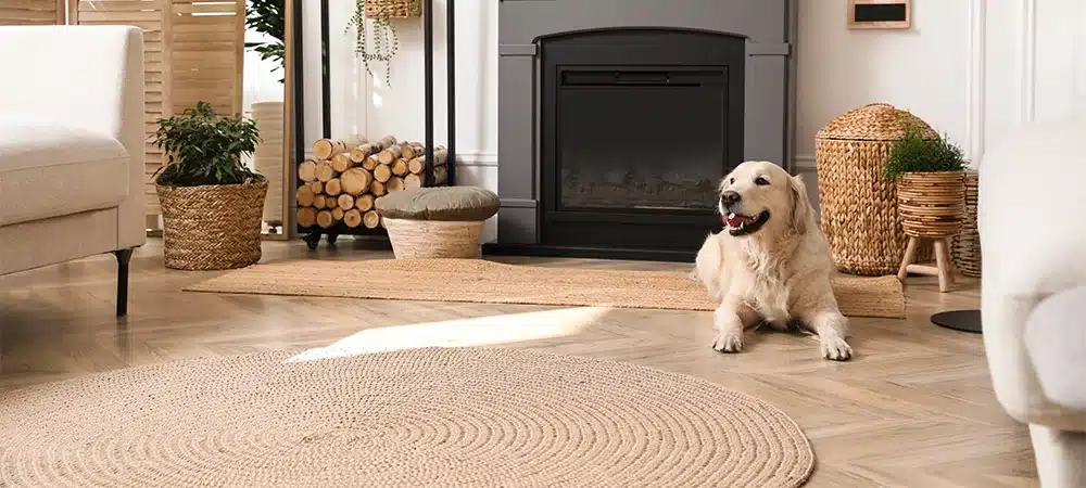 pet on rug on hardwood floor
