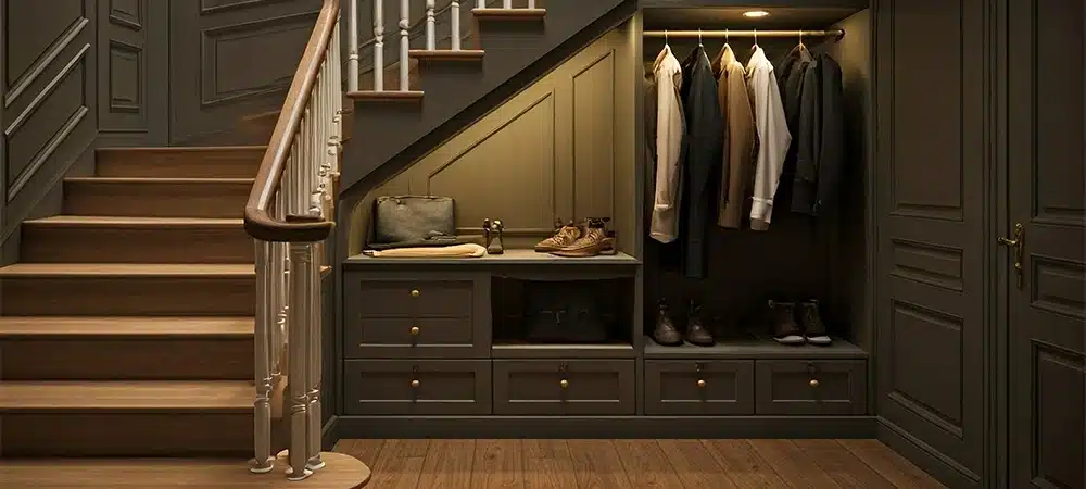 drawers and space for clothes below stairs