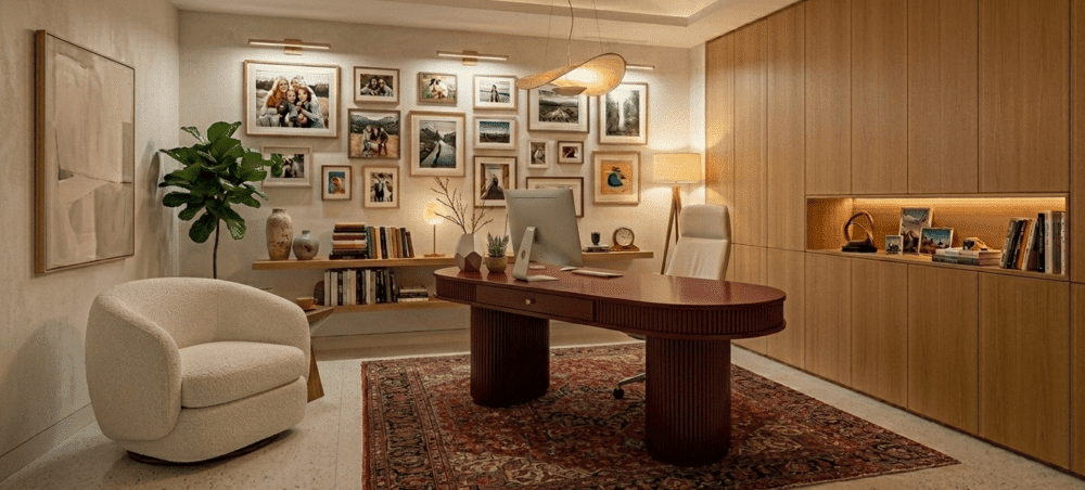 A warm, modern NYC home office featuring a large, oval-shaped executive desk in a deep burgundy finish with fluted, cylindrical legs. The desk is positioned parallel to a light beige back wall, which is decorated with a gallery arrangement of framed family photos lit by slim, brass picture lights. An elegant cream-colored boucle swivel armchair sits cozily in the lower-left corner over a large, detailed vintage Persian-style rug in shades of red and navy blue. To the right, a massive wall-to-wall seamless light oak storage cabinet includes a lit, recessed horizontal display shelf filled with books and small decor items. Warm, ambient lighting glows from a wavy, minimalist pendant light hanging from a recessed tray ceiling, creating a sophisticated and lived-in atmosphere.