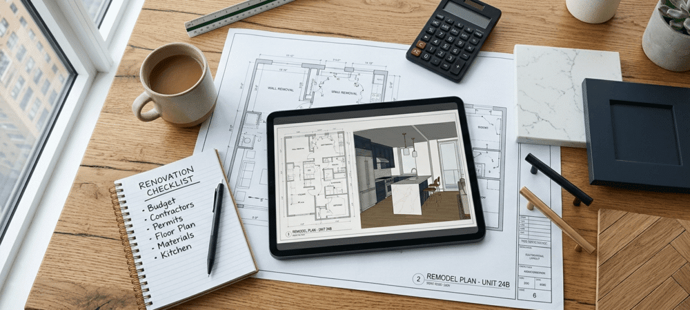 NYC Home renovation planning layout on a wooden desk with a digital tablet showing a 3D kitchen design, blueprint drawings, a renovation checklist notebook, and material swatches.