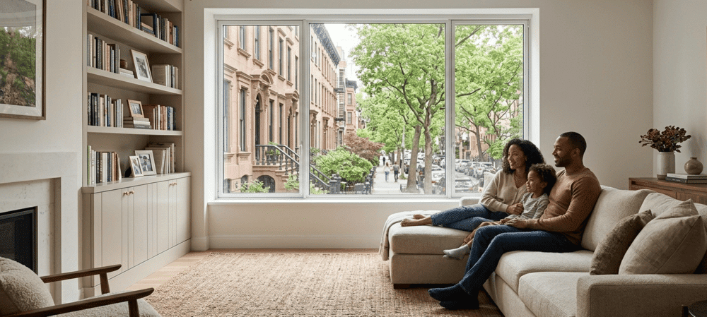 Happy family sitting on a couch in a renovated NYC brownstone looking through a large window onto a scenic, tree-lined New York City neighborhood street.