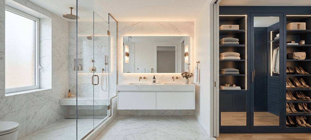 High-end master bathroom renovation featuring a marble walk-in glass shower, floating double vanity, and a custom built-in walk-in closet with LED accent lighting.