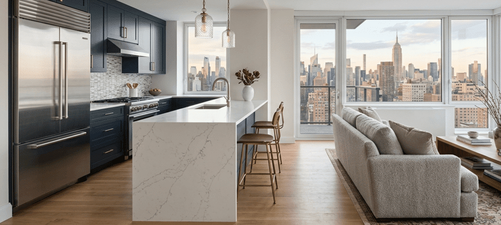 Open concept NYC apartment remodel featuring a modern kitchen with dark blue cabinetry, white quartz waterfall island, and a cozy living room overlooking the Manhattan skyline.