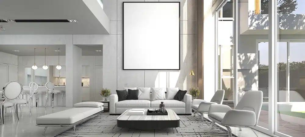 Modern luxury beautiful mock up scene of living room interior design and pattern wall background and picture frame and dining room and pantry area