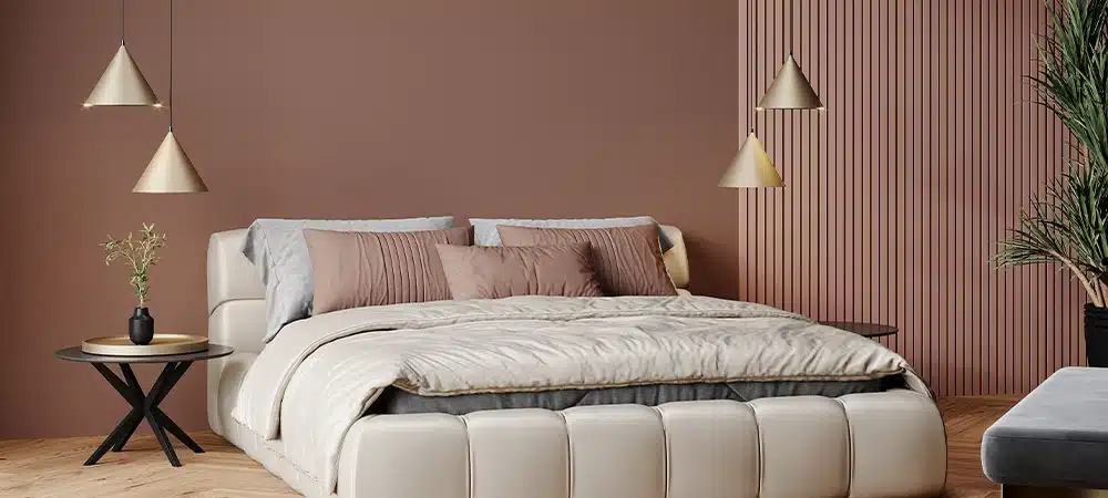 bedroom with chocolate palette 2025 year and color trend mocha mousse wall background and accent details