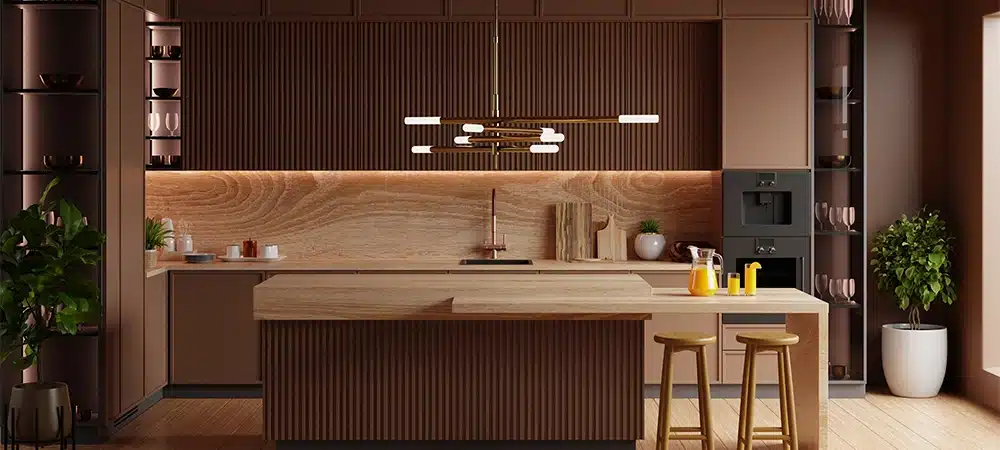 kitchen room interior in brown mocha mousse 2025 color with modern decoration