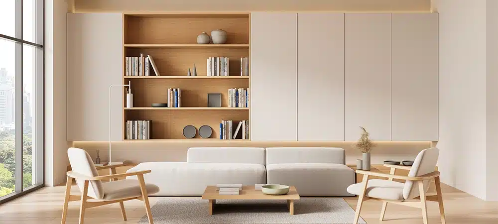 White living room interior with chill and dining area, partition shelf with decoration on hardwood floor. Stylish soft place and panoramic window.