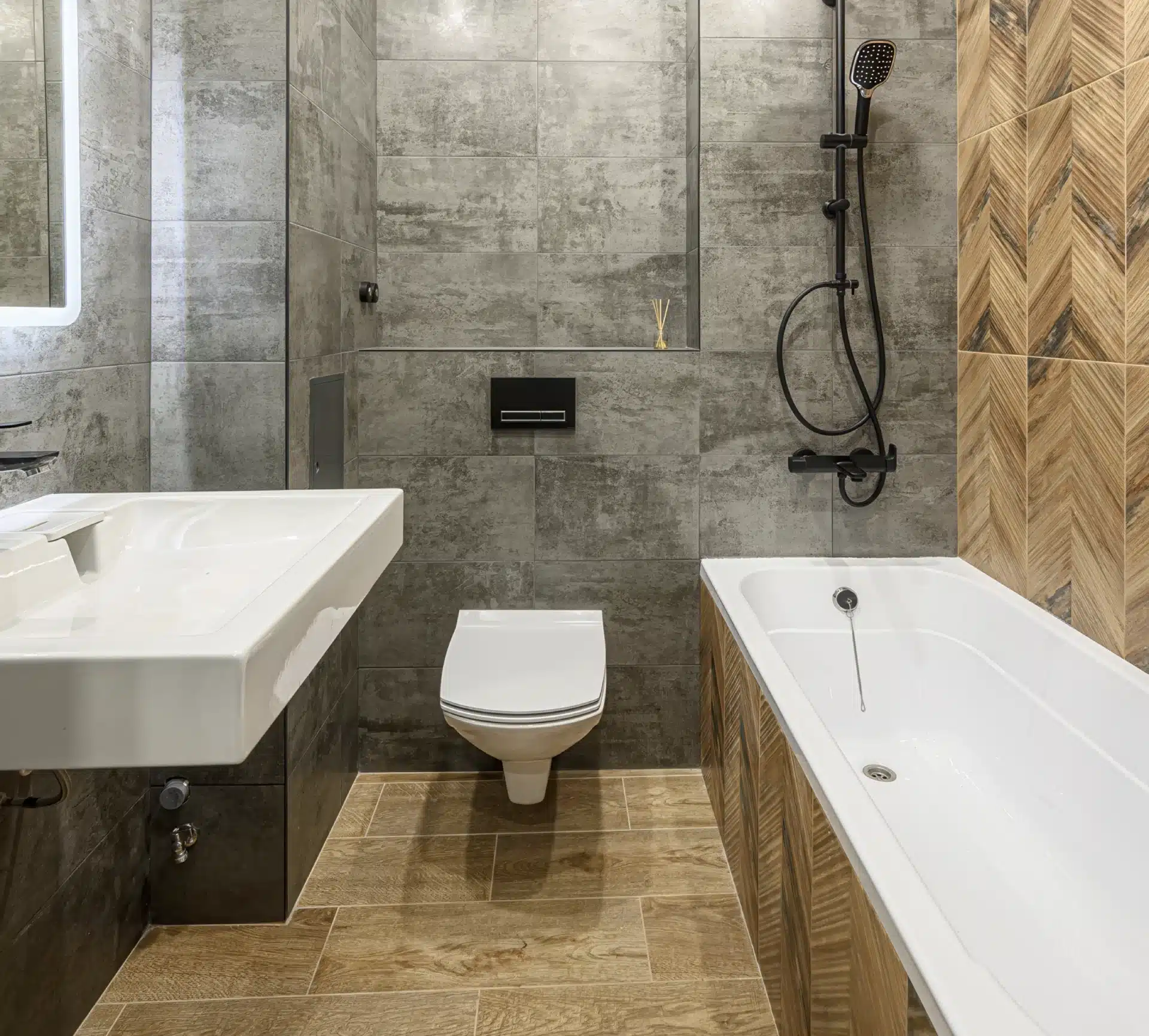 Bathroom Features Grey Concrete Look Tiles Warm Wood Look Flooring And Accent Tiles
