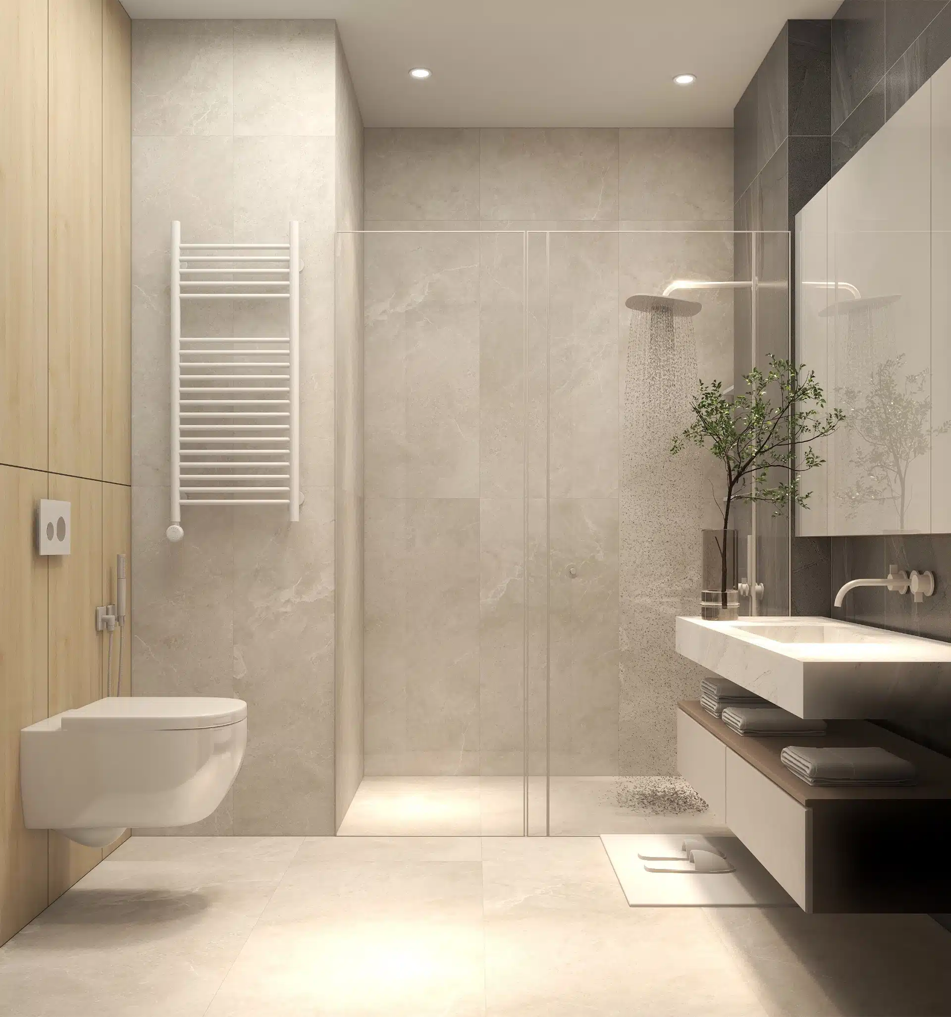 Bathroom Interior With Rain Shower And Wall Hung Toilet