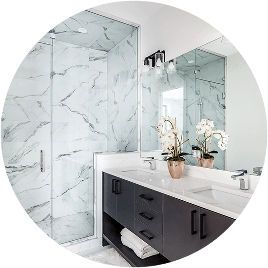 Beautiful Bathroom With Dark Vanity And White Granite Counter Top