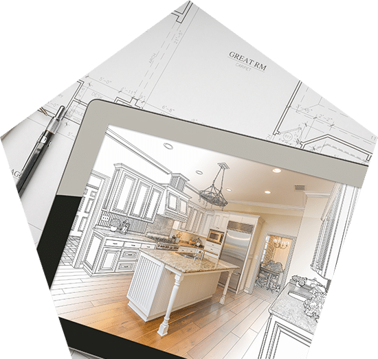 Computer Tablet Showing Kitchen Illustration Sitting On House Plans