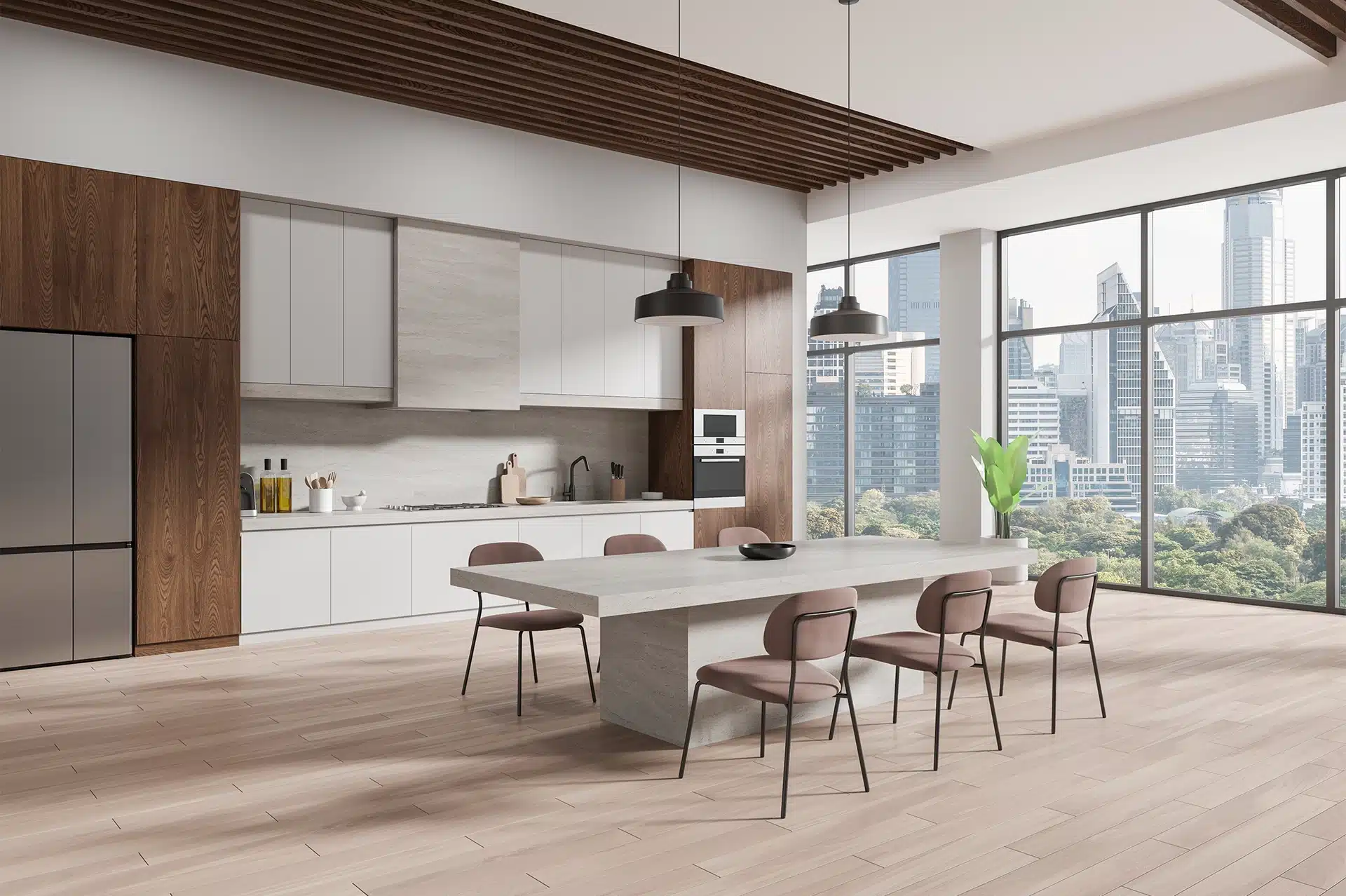 Corner View Of Home Kitchen Interior Stone Eating Table And Chairs