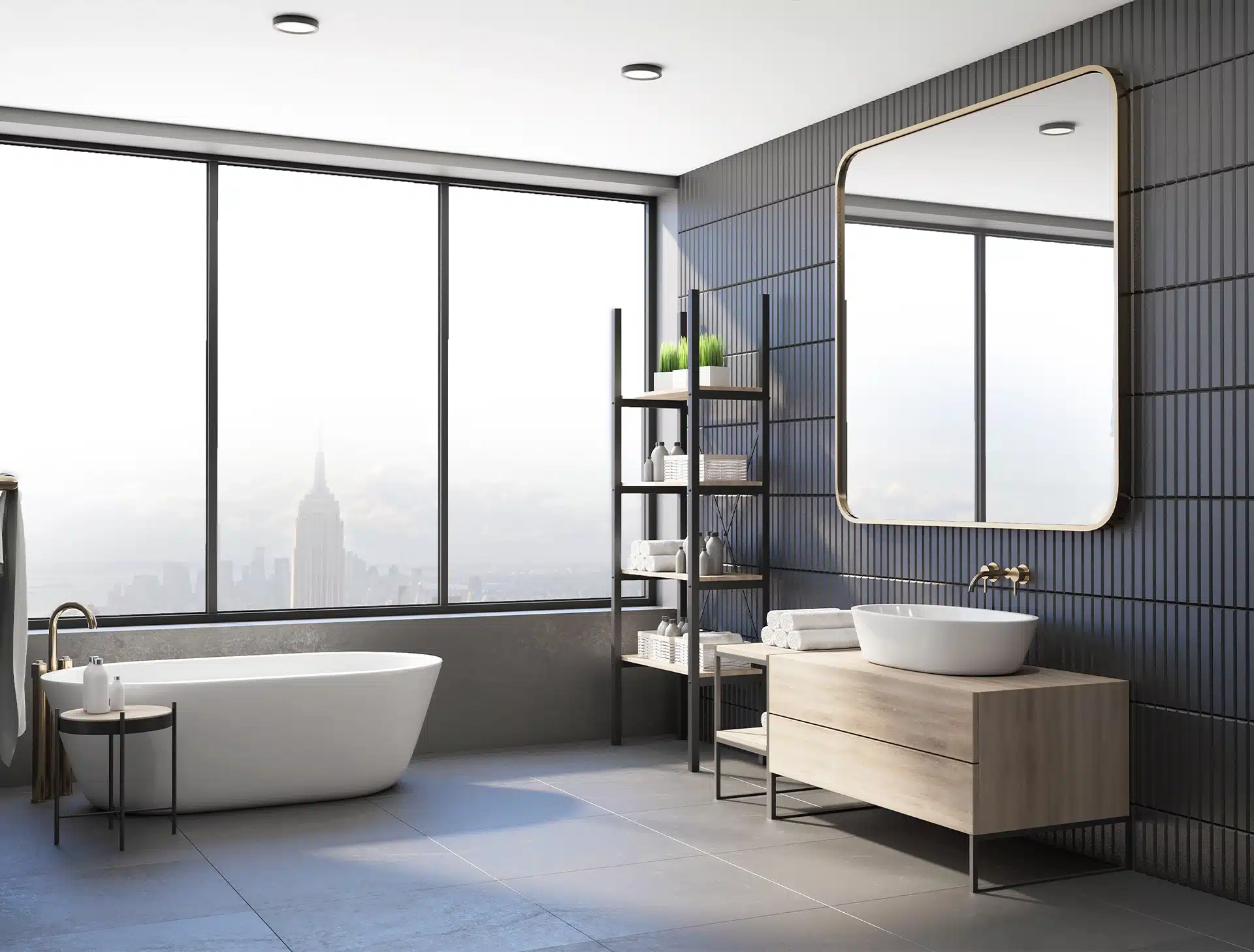 Gray Bathroom Interior With Bath Mirror And Sink. Design Apartment Concept
