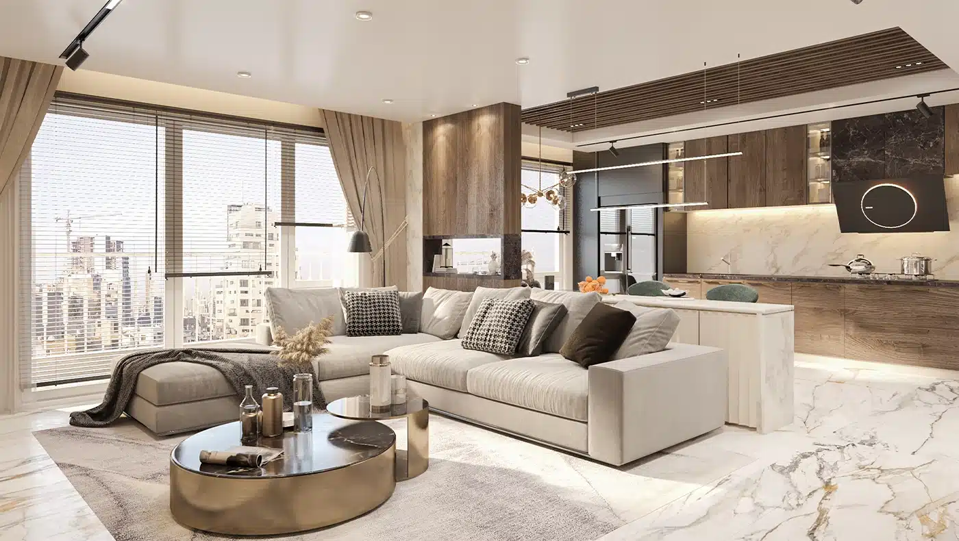 perspective living room decoration with large window beige colour one and warm lighting large seat, luxury style