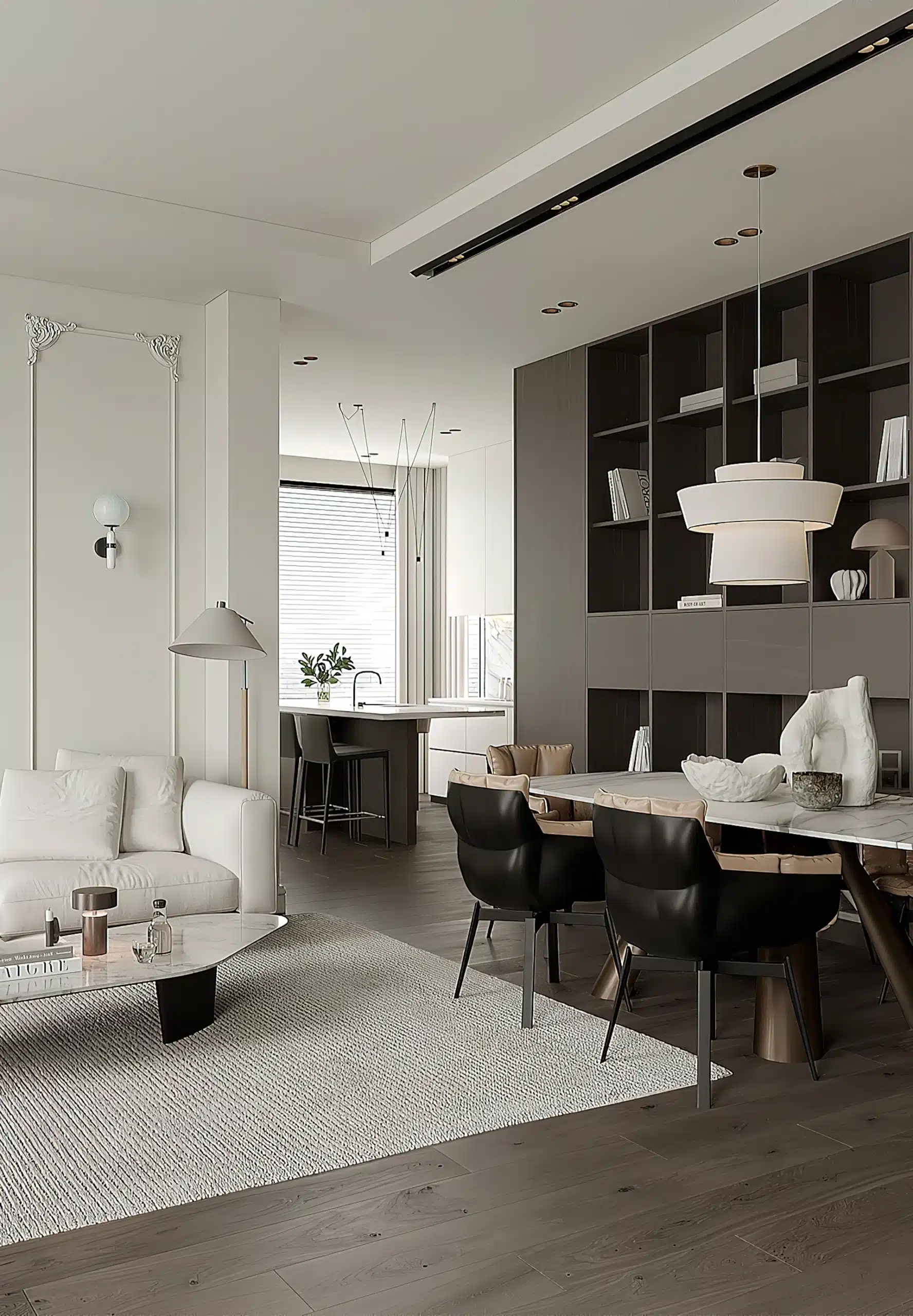 Modern Beige Interior Design Of Living Room With Kitchen And Dining Room Scaled