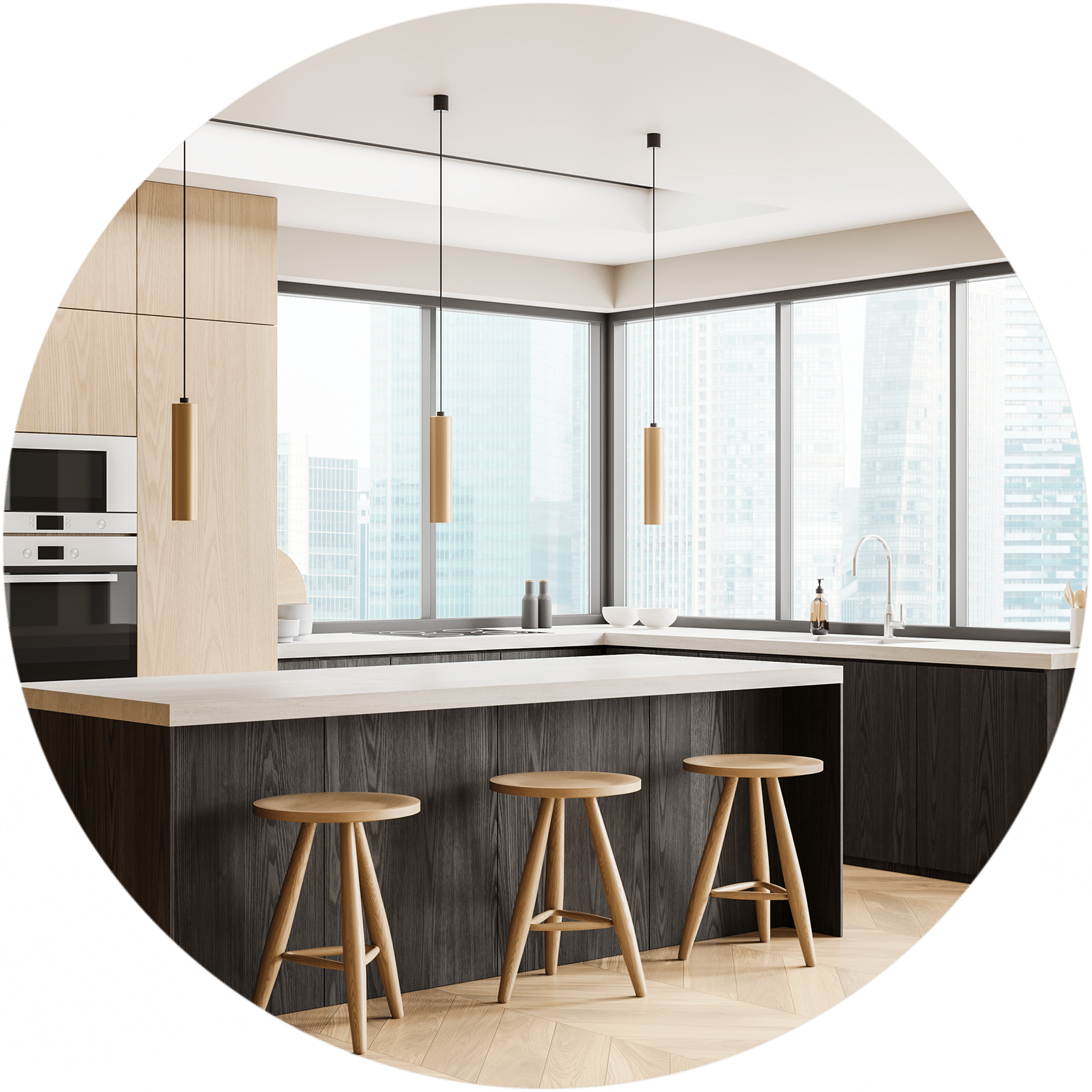 Modern Kitchen Interior With Wooden Elements And Island