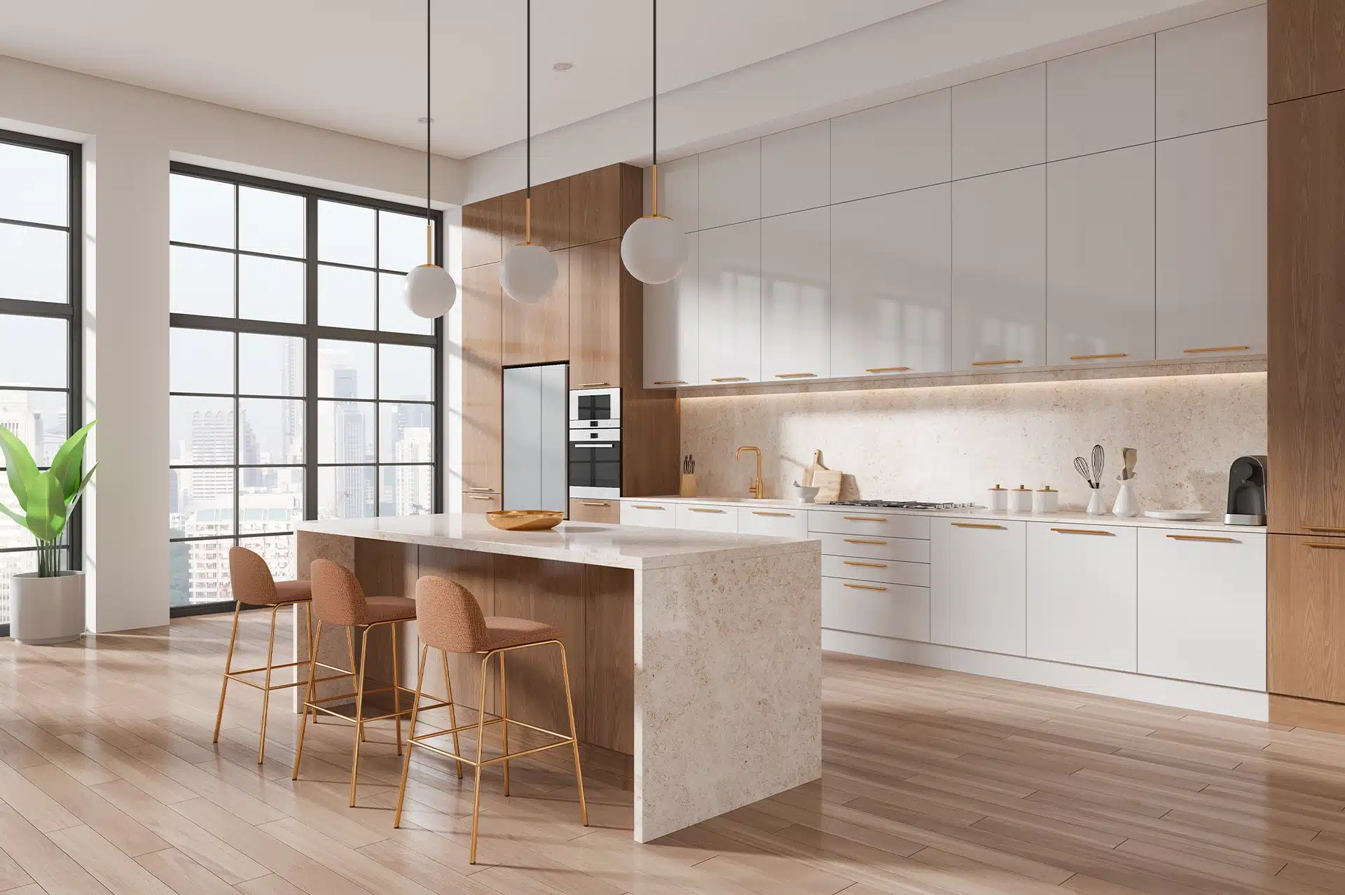 Modern Kitchen With White And Wood Details