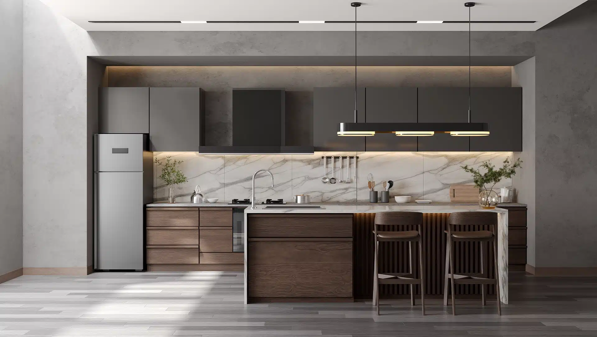 Modern loft kitchen room interior with marble dinning island table and contemporary chair with black lamp and dark wood floor.