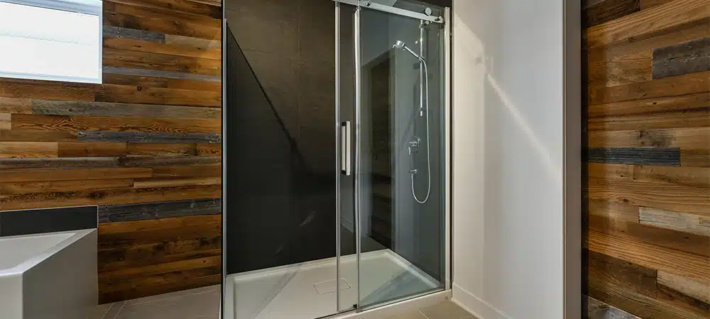 Modern bathroom with barn wood European shower