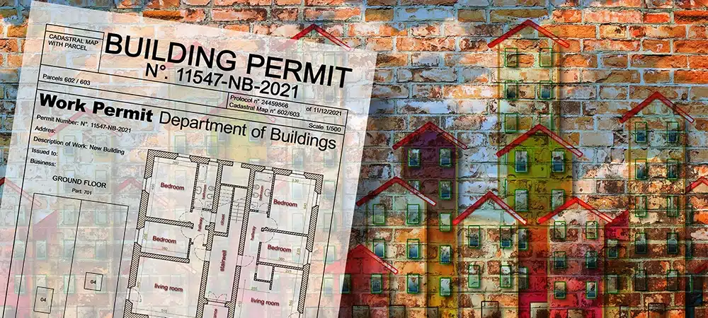 Public housing concept with imaginary General Urban Plan and Buildings Permit with indications of urban destinations