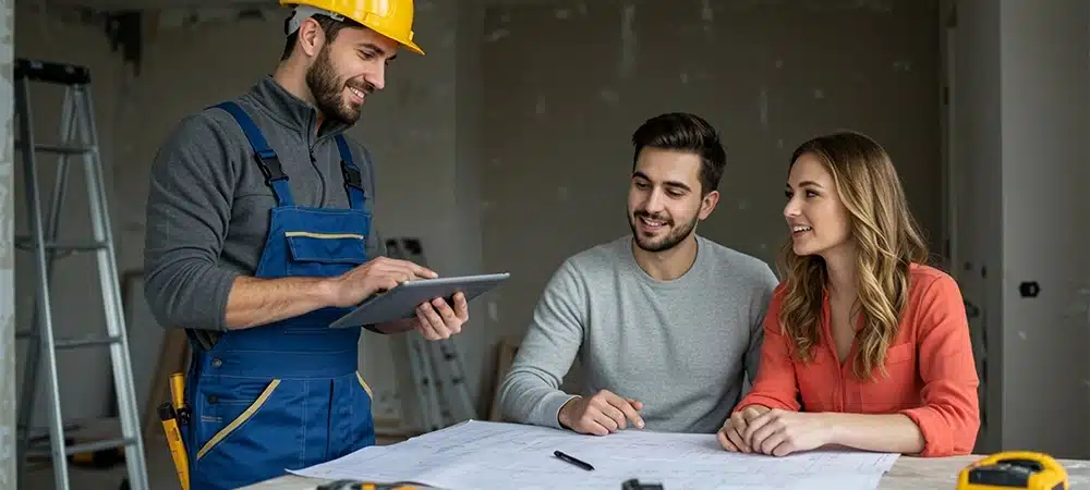 Indoor photo of friendly technician with tablet discussing internet installation plan with young couple in renovated apartment, construction tools in background, modern interior, realistic lighting