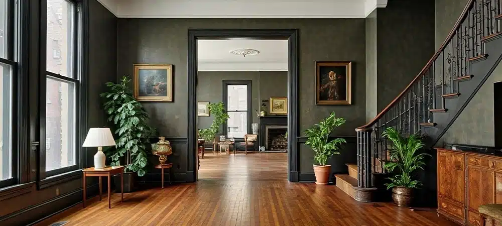 Indoor photo of a front view backdrop of an empty living room in a new york apartment from the 1950s, featuring dark walls, with a staircase to the right, and adorned with decorative objects like paintings and plants, without any chairs or sofas.