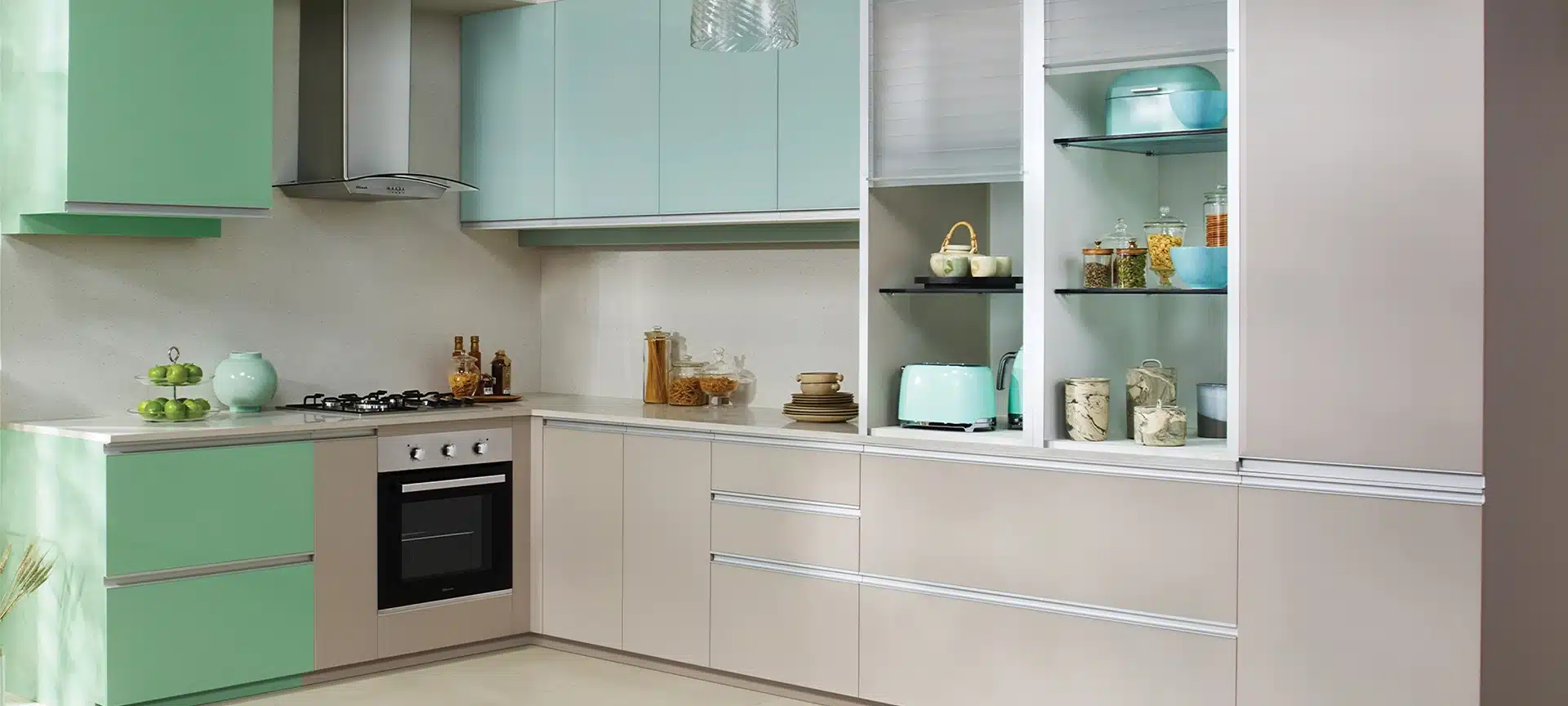 Natural, Beautiful Organic. This compact kitchen concept embellished with mint and earthy shades giving natural living a whole new dimension.