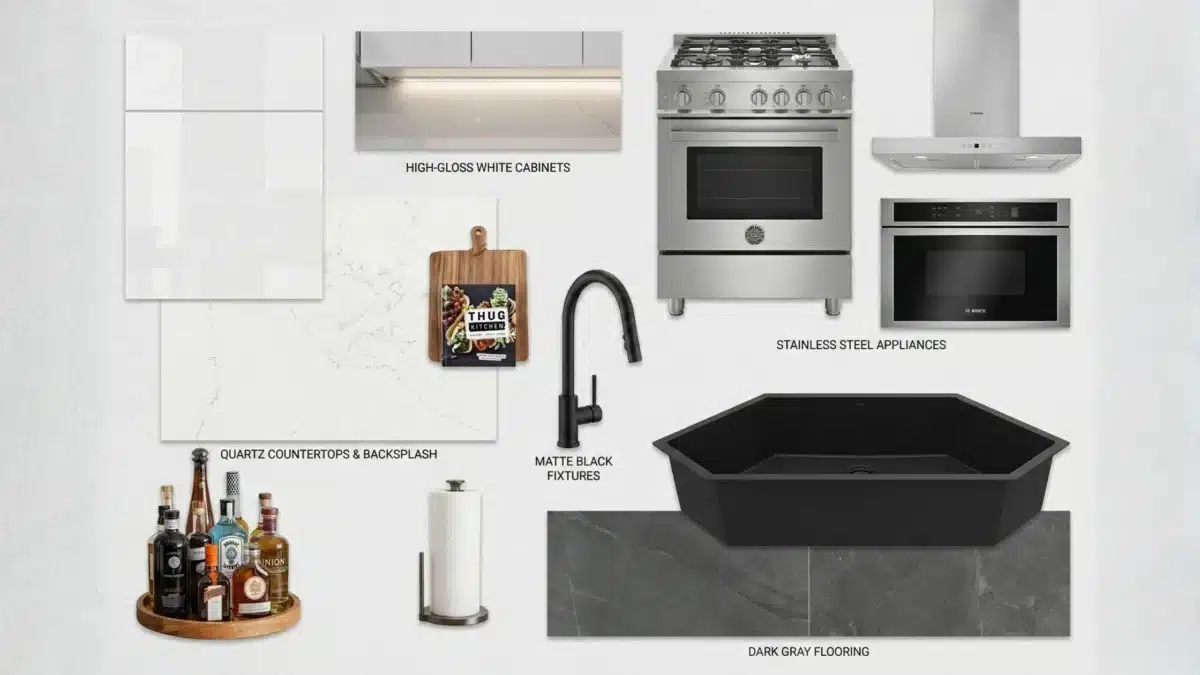 Modern kitchen design moodboard featuring engineered quartz samples, white cabinetry, and matte black hardware