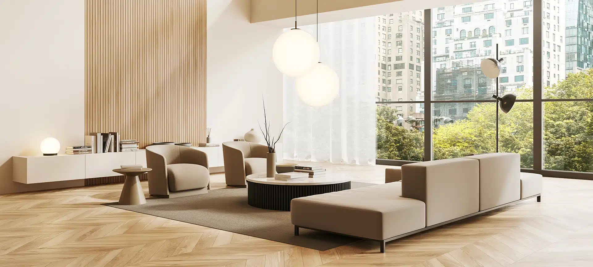 Beige living room interior with sofa, armchairs and coffee table on carpet, side view. Drawer with decoration and panoramic window on New York city view. 3D rendering