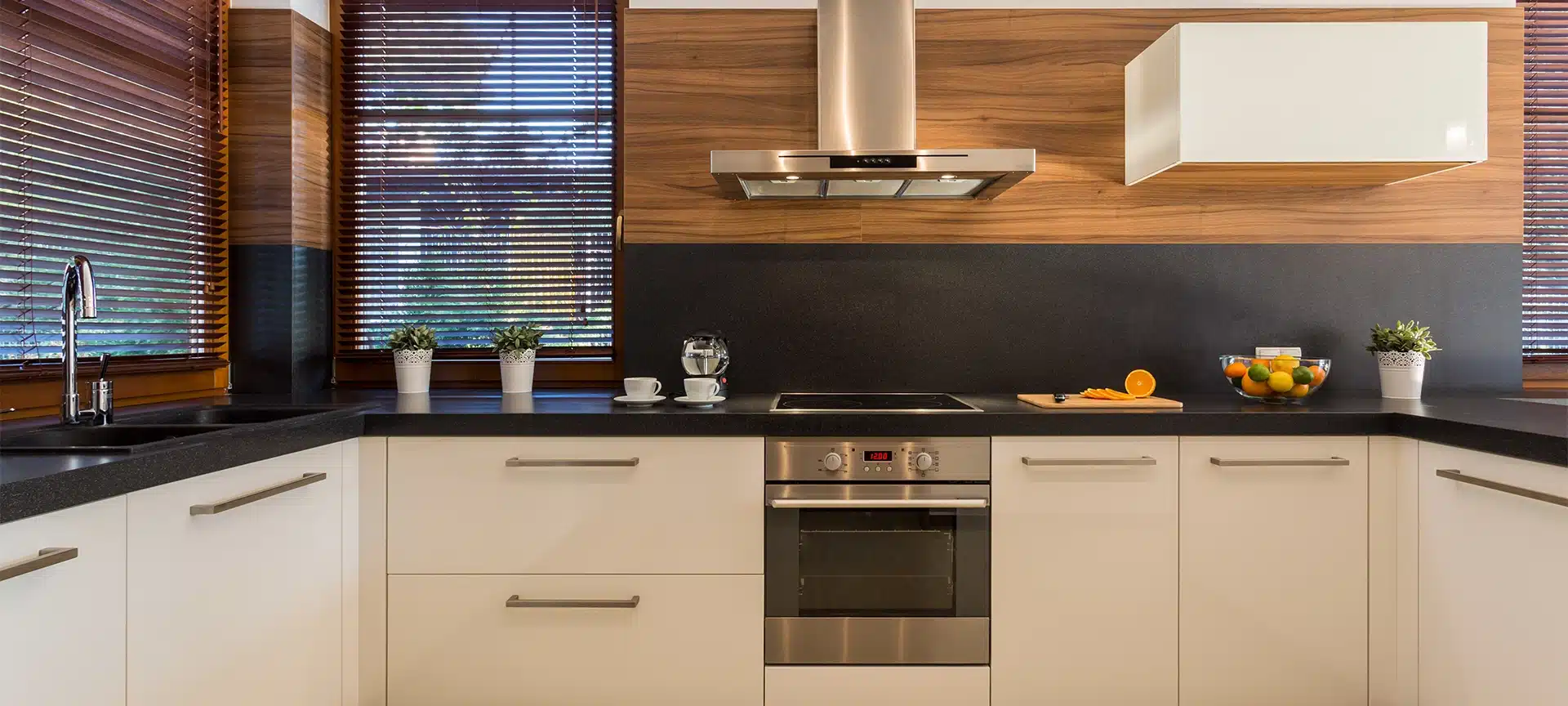 Horizontal view of modern furniture in luxury kitchen