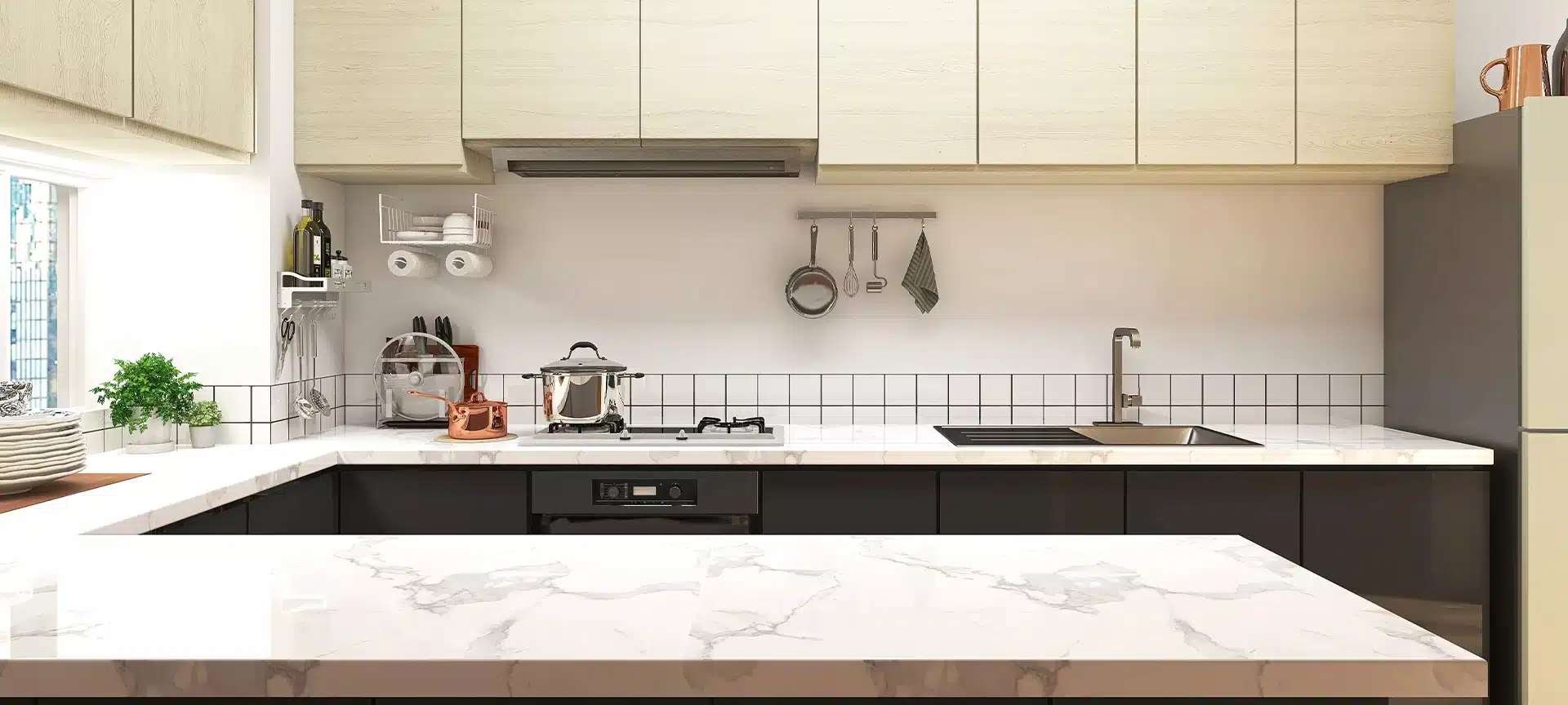 Beautiful 3D rendering of interior kitchen in modern style apartment with empty clean and shinny marble countertops and window on the side showing sky scrapers building. Household products background.