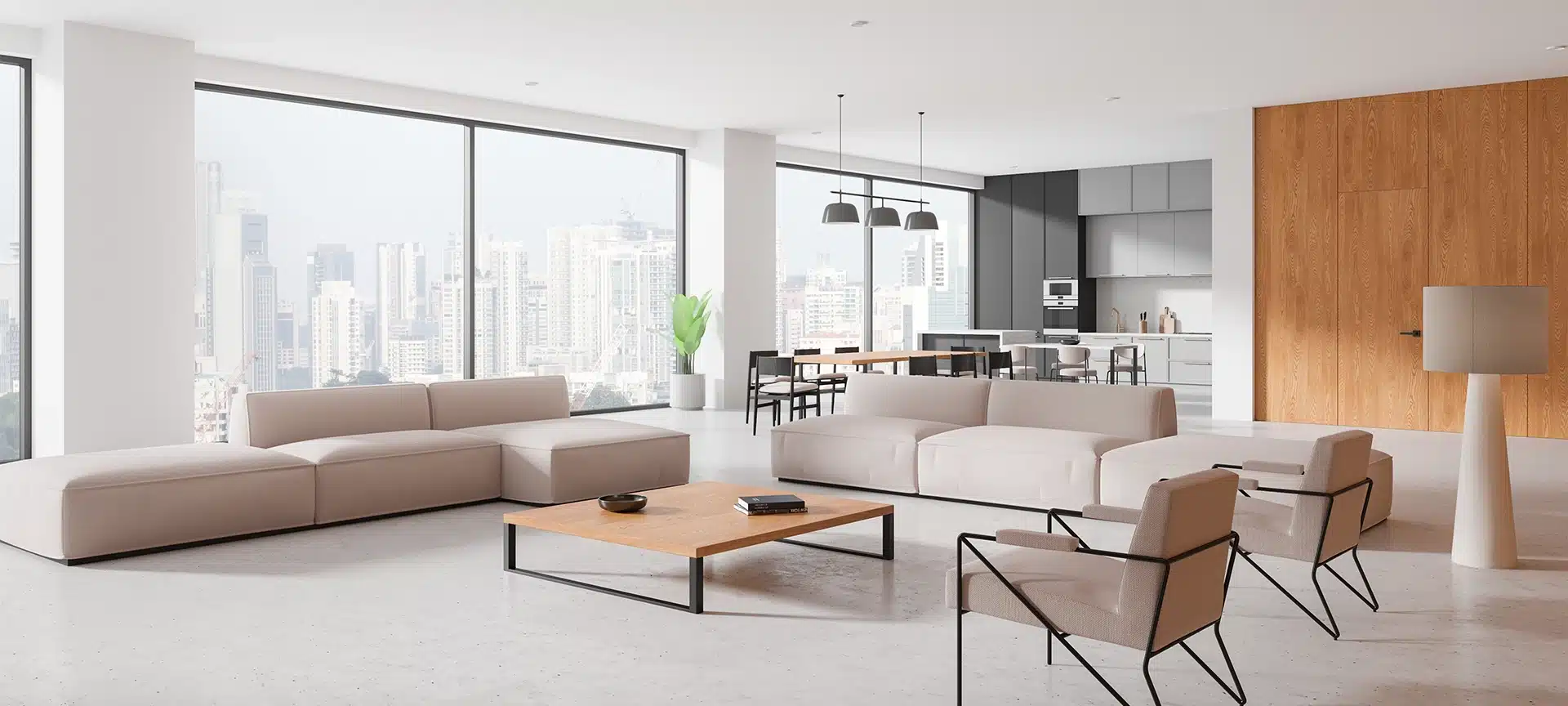 Corner view of home studio interior with relaxing and cooking space, side view sofa and dining table with chairs. Panoramic window on skyscrapers. 3D rendering