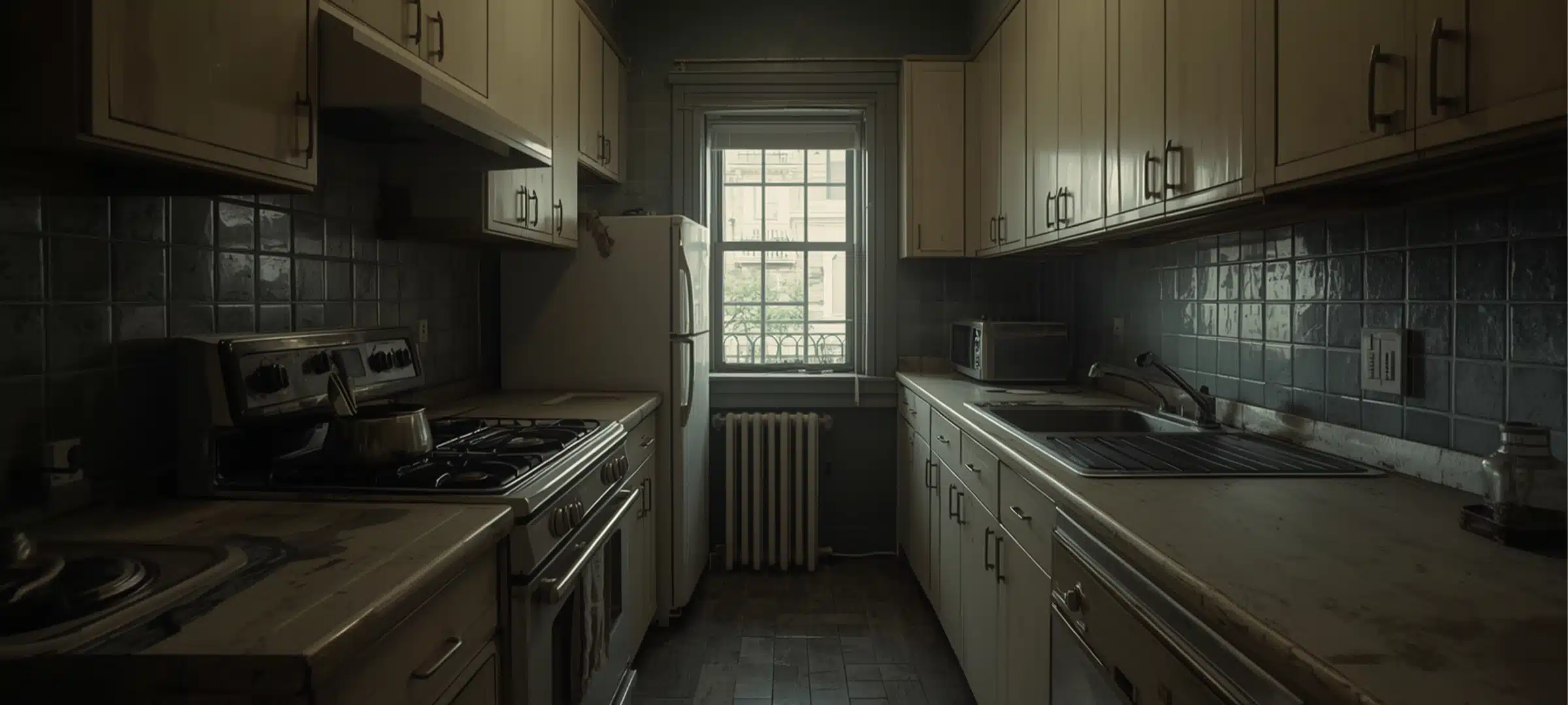 Cramped pre-war NYC kitchen with worn cabinets and low light before renovation &ndash; prewar-nyc-kitchen-before-renovation