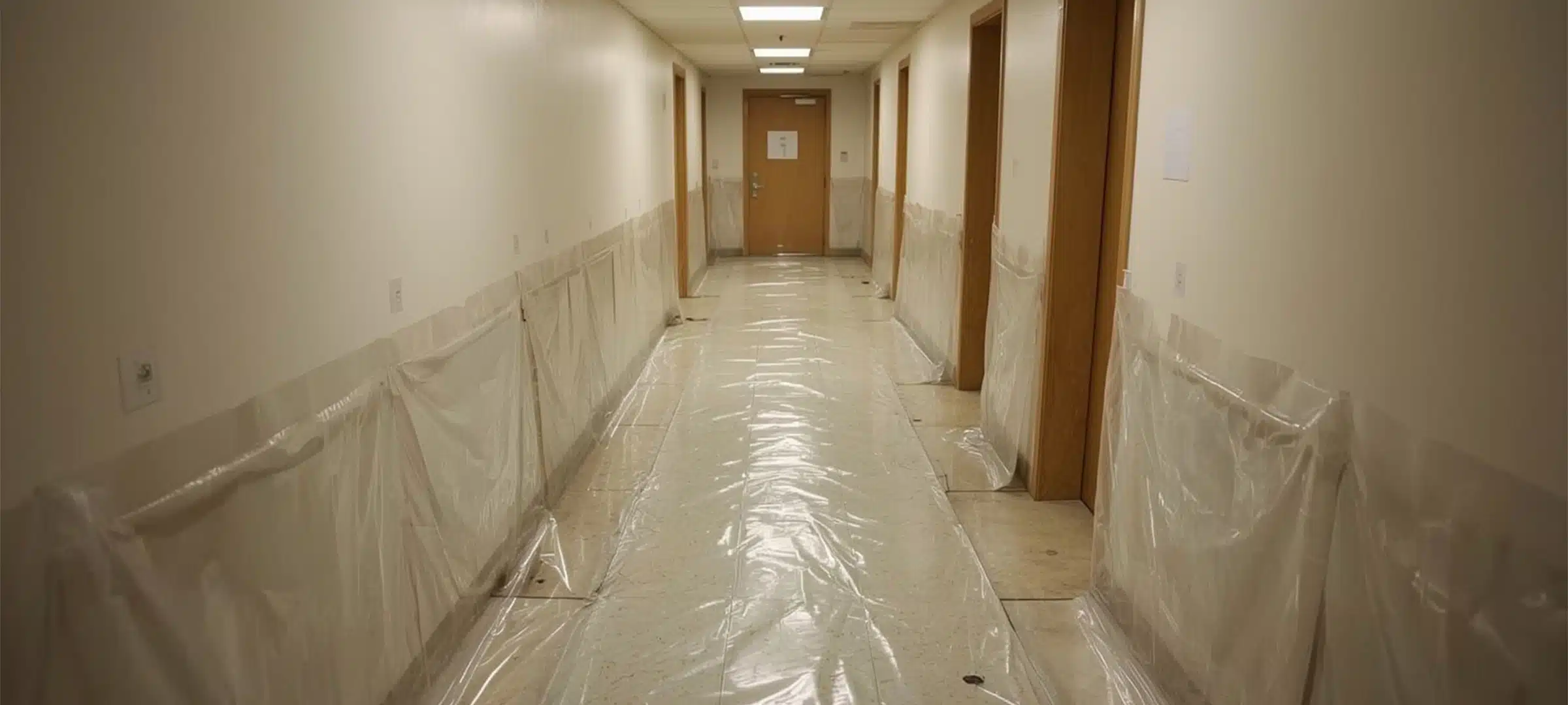 Protected apartment hallway with floor coverings and plastic barriers during renovation &ndash; nyc-renovation-hallway-protection