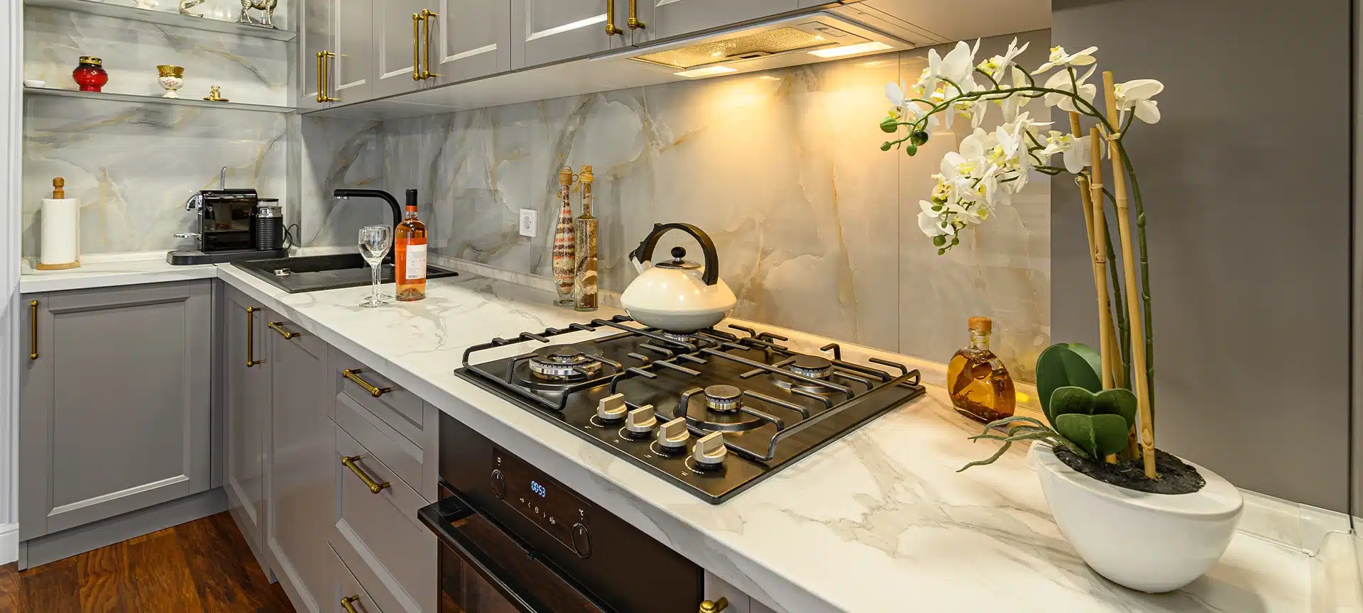Closeup details of grey and white modern classic kitchen