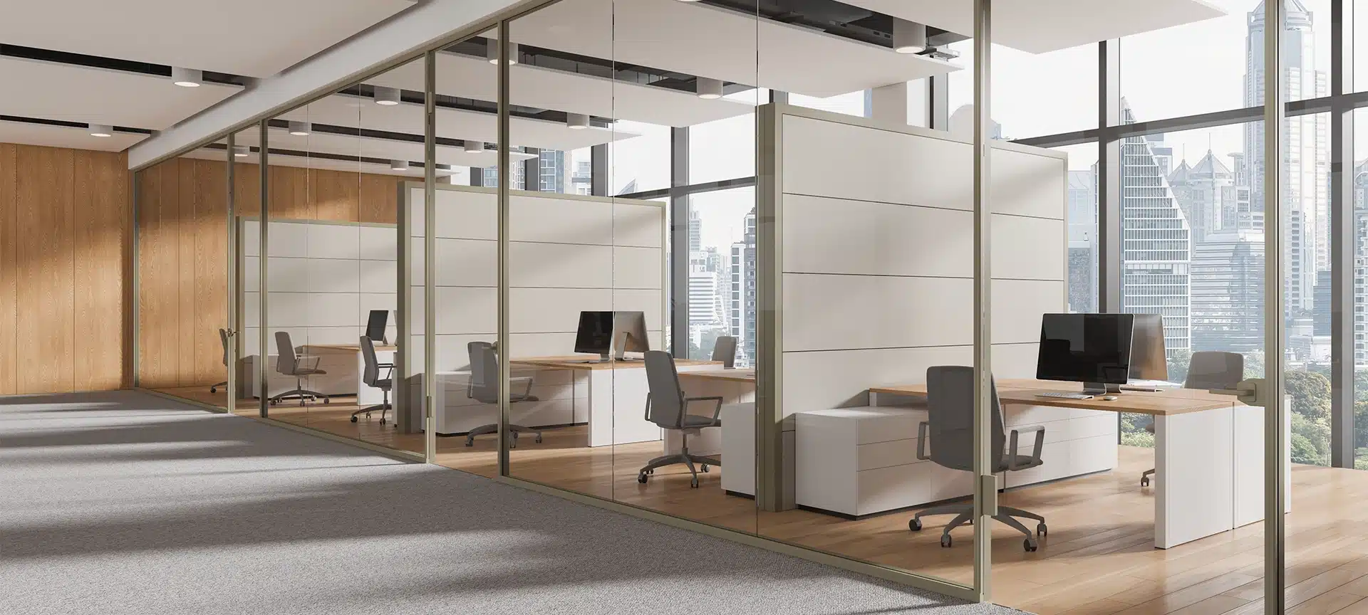 Corner view of business interior with pc computers on desks, glass doors. Divided work zones on hardwood floor. Panoramic window on Bangkok skyscrapers. 3D rendering