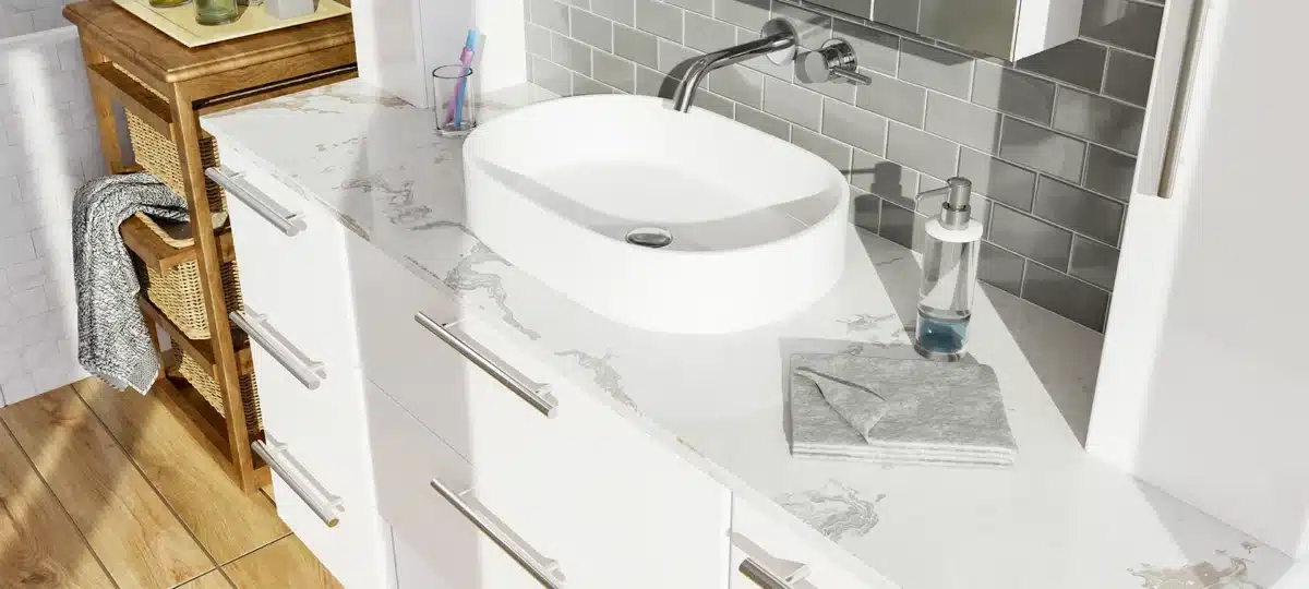 interior design of bathroom vanity white cabinet with quartz counter and ceramic glass backsplash tiles, Various bathroom gadgets, porcelain floor and marble walls tiling remodel ideas, 3d render