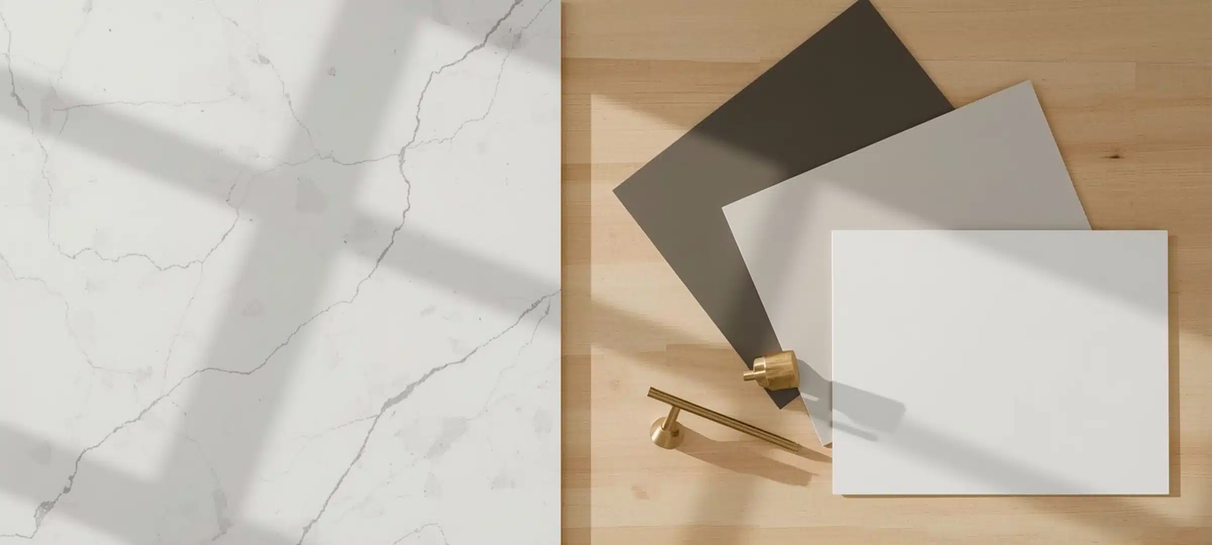 Quartz samples, brass cabinet handles, and door finishes for NYC renovation &ndash; nyc-renovation-materials-flatlay