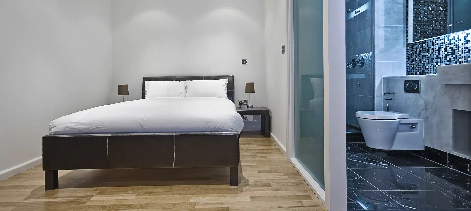 contemporary studio apartment with bedroom and bathroom view