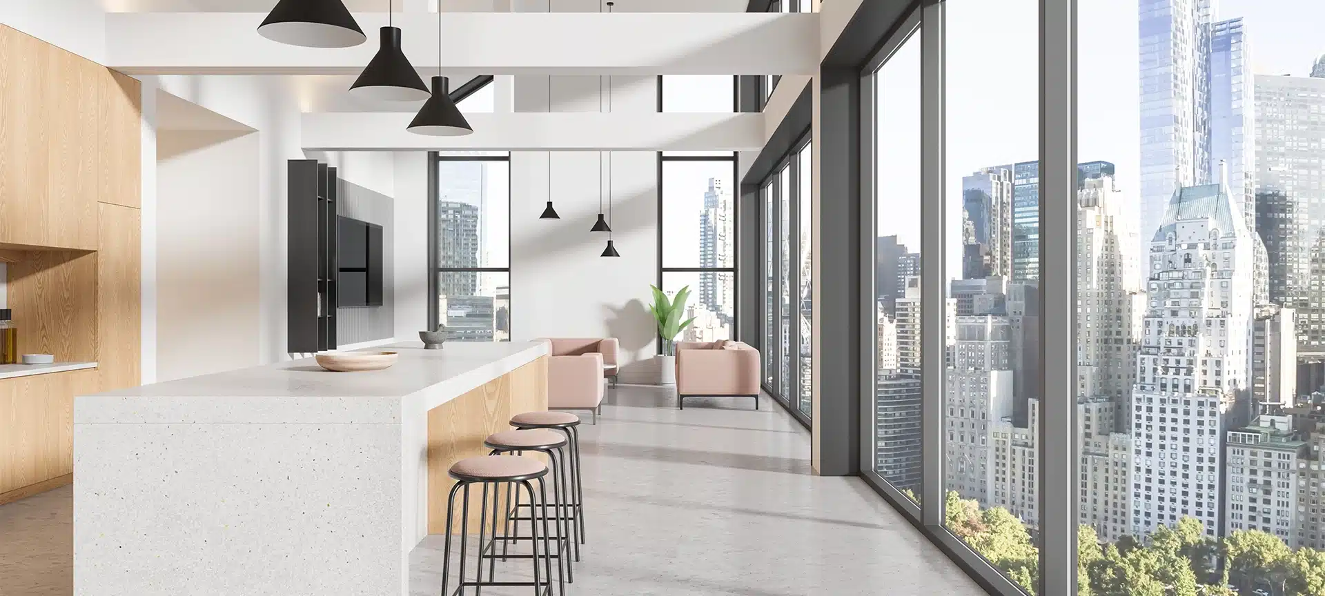 Luxury flat studio interior with bar island and cooking cabinet, concrete floor. Relaxing space with armchairs and tv screen. Panoramic window on New York skyscrapers