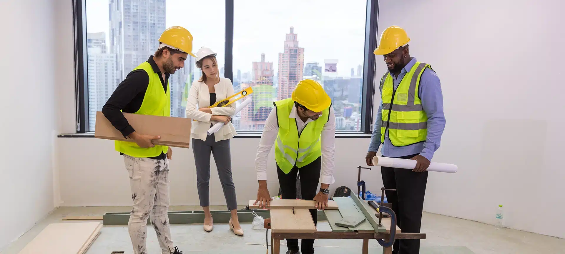 Team Engineers with draft plan of building on constructing site. Engineer work on site.
